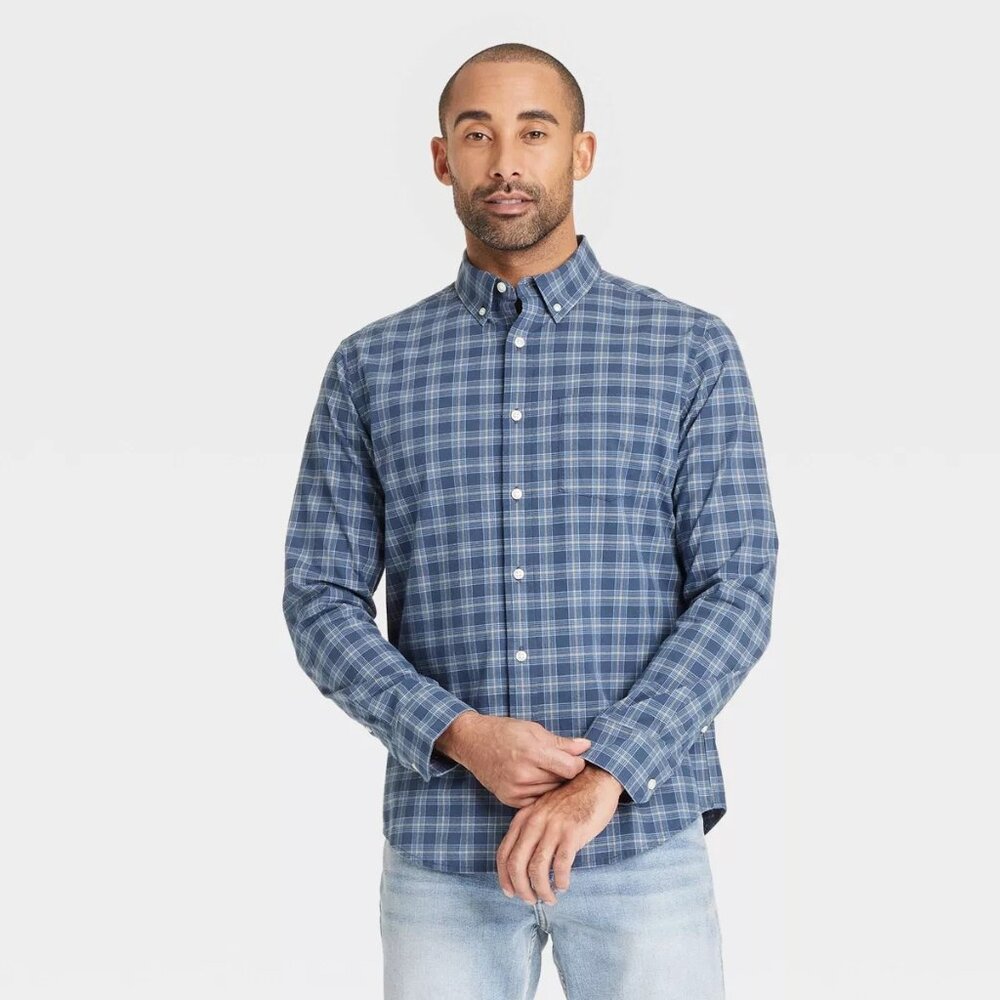 Goodfellow & Co Men's Button Down Poplin Shirt Long Sleeve Navy Check NWT